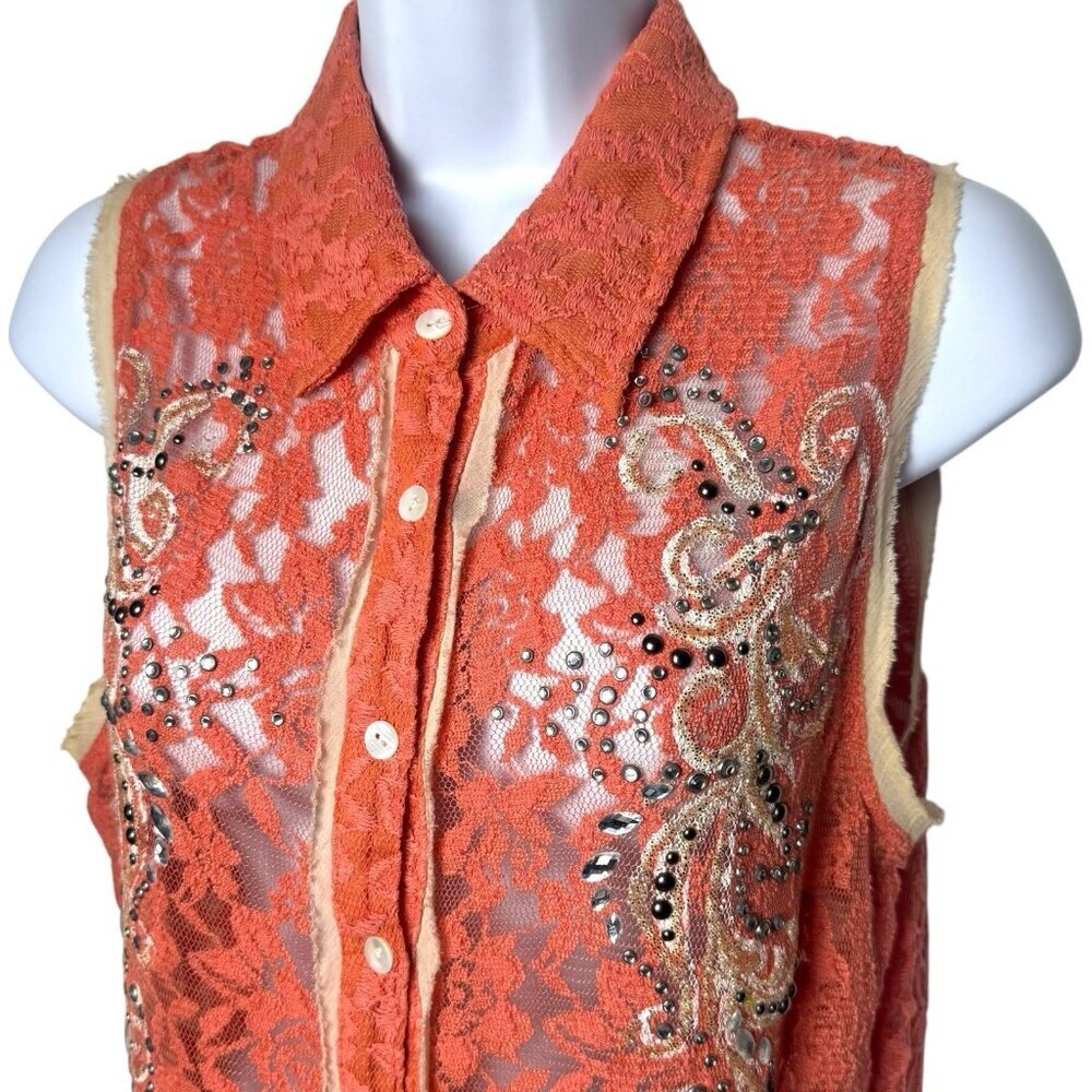 Y2K‎ Miss Me Boho Rhinestone Lace Button up Blouse Cottagecore Rodeo Country L - Picture 3 of 11